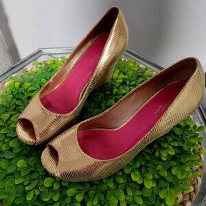 Lilly Pulitzer Gold Wedge Peep Toe Women's Shoes Sz 7.5 MSRP $ 148